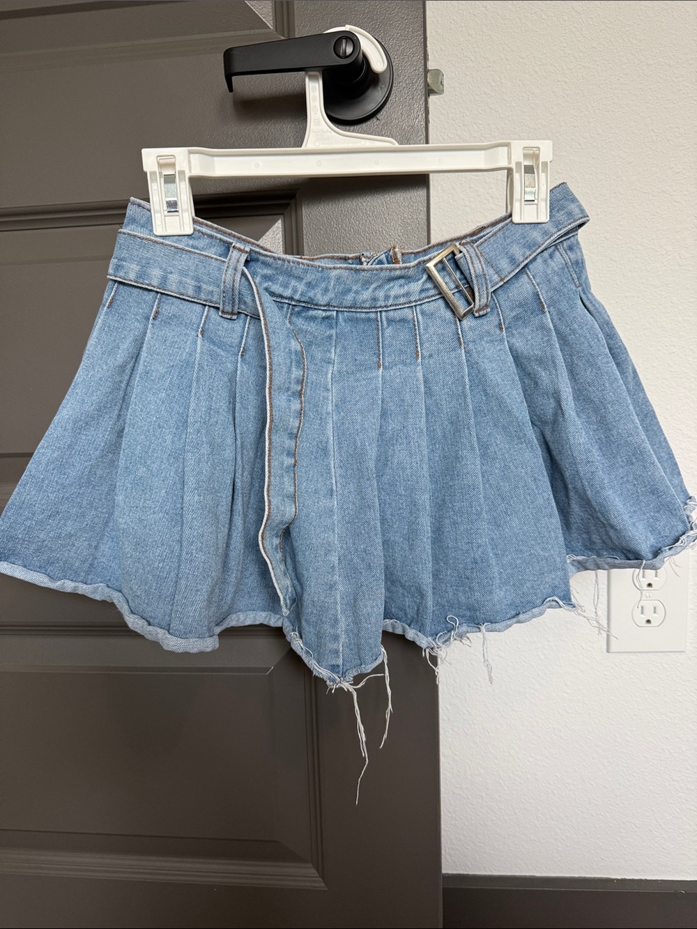 Fashion Nova Light Blue Denim Pleated Skort with Belt Detail